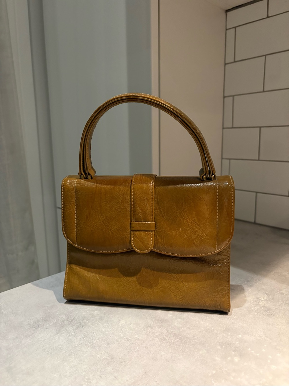 Vintage Structured Top-Handle Bag in Mustard Brown